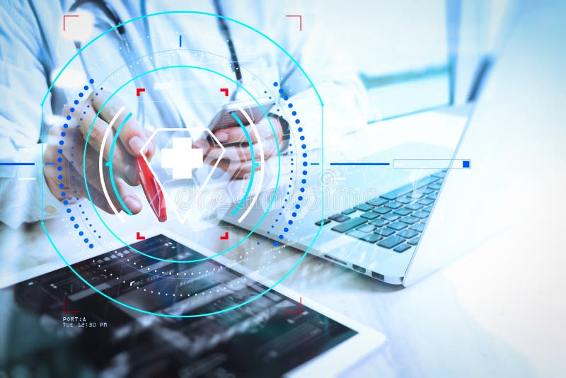 Medizinisches Technologiekonzept Doktorhand, die mit modernem digi arbeitet lizenzfreie abbildung Medizinisches Technologiekonzept Doktorhand, die mit modernem digi arbeitet lizenzfreie abbildung