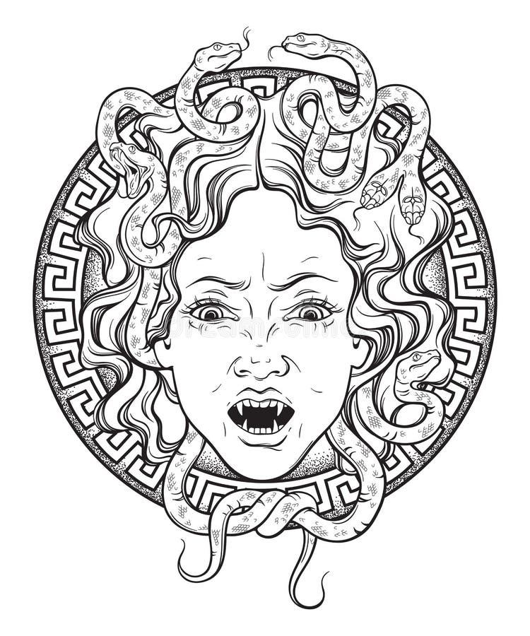 Medusa Gorgon head on a shield hand drawn line art and dot work tattoo or p...