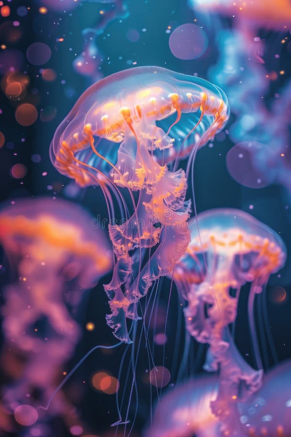 Medusas submarinas hipnotizadas en una impresionante iluminación azul del océano. generado por ai