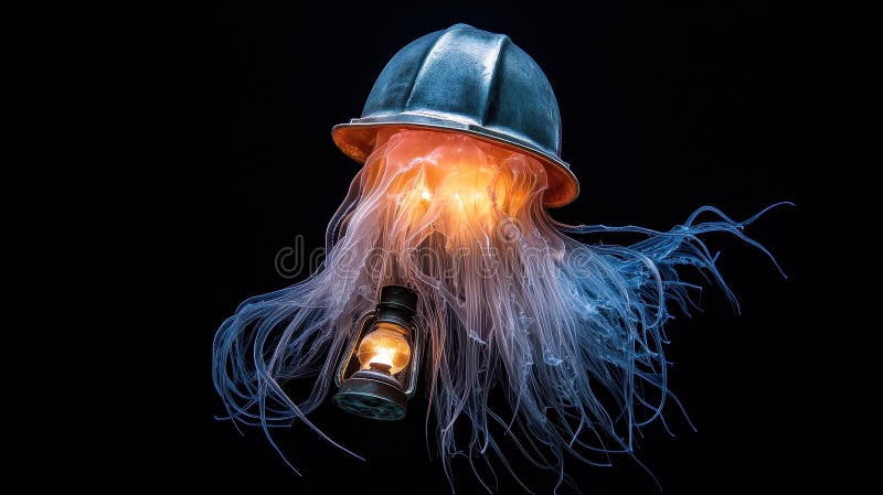 Meduze în cască de miner cu felinar stock illustration