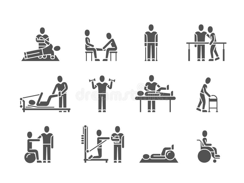 Medyczna fizyczna terapia i ludzie rehabilitaci traktowania czernimy sylwetka wektoru ikony ilustracji