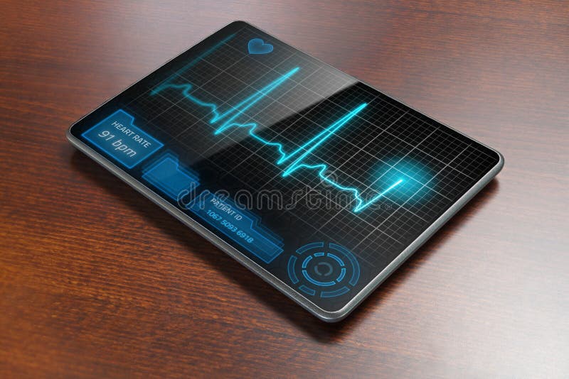 Futuristic medical tablet PC on table, showing cardiogram on display. Futuristic medical tablet PC on table, showing cardiogram on display.