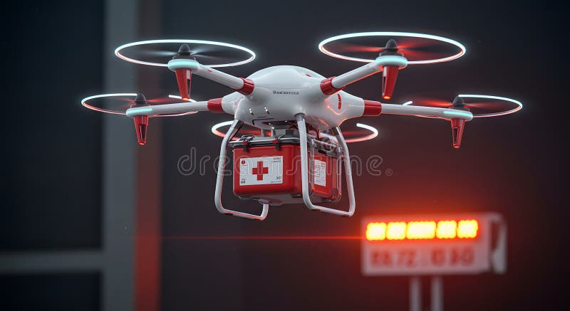 Medyczny System Dostaw Drone : Rewolucja Transportu Pomocy W Sytuacjach Nadzwyczajnych royalty ilustracja