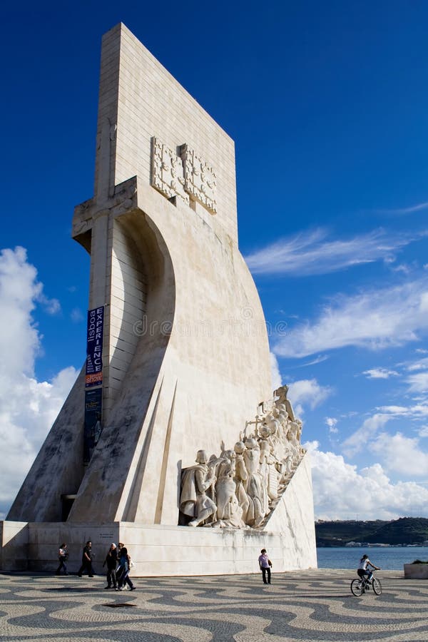 Sea Discoveries monument (Padrão dos Descobrimentos) in Lisbon, Portugal. Navigators statues (Sea Discoveries pioneers) in an abstract stone caravel. One of Lisbon's landmarks. Sea Discoveries monument (Padrão dos Descobrimentos) in Lisbon, Portugal. Navigators statues (Sea Discoveries pioneers) in an abstract stone caravel. One of Lisbon's landmarks.