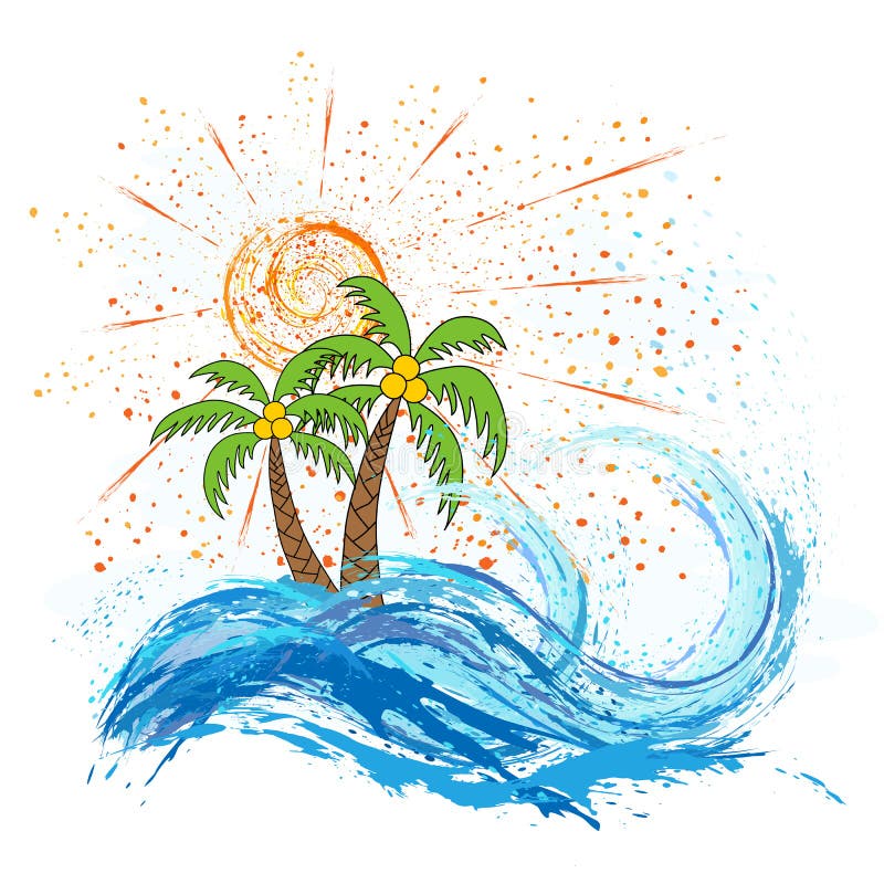 Meer Und Meereswogen, Sonne, Palmen Vektor Abbildung