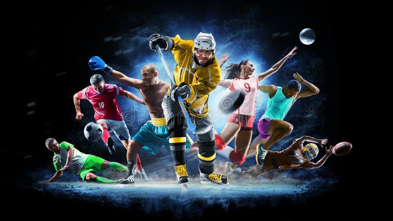 Meerdere sportcollage voetbalwedstrijden Voleyball-ijshockey op zwarte achtergrond