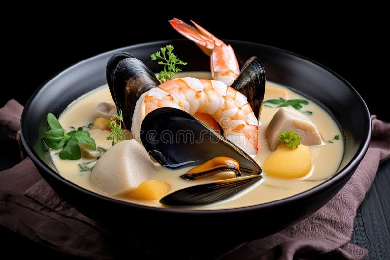 Meeresfrüchte-Suppe mit Muschelmuscheln und Garnelen in cremiger Brühe stock abbildung