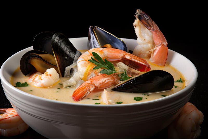 Meeresfrüchte-Suppe mit Muschelmuscheln und Garnelen in cremiger Brühe lizenzfreie abbildung