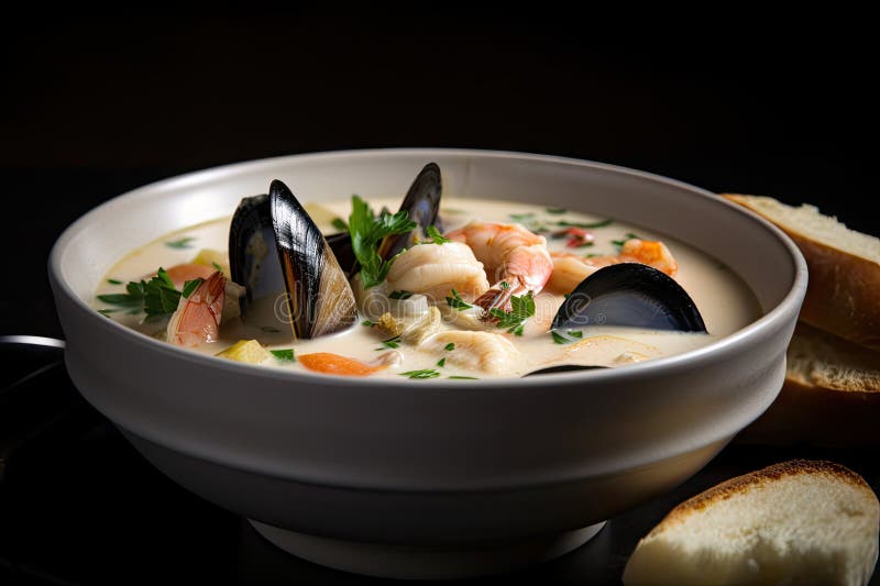 Meeresfrüchte-Suppe mit Muschelmuscheln und Garnelen in cremiger Brühe vektor abbildung