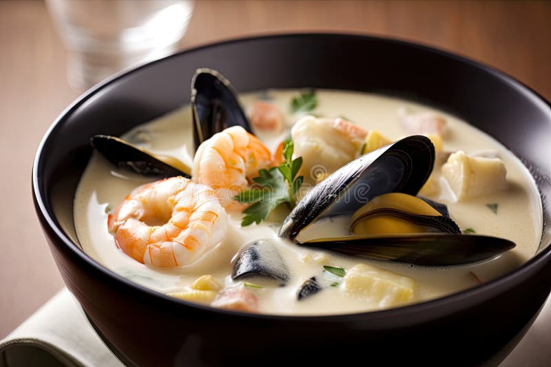 Meeresfrüchte-Suppe mit Muschelmuscheln und Garnelen in cremiger Brühe lizenzfreie abbildung