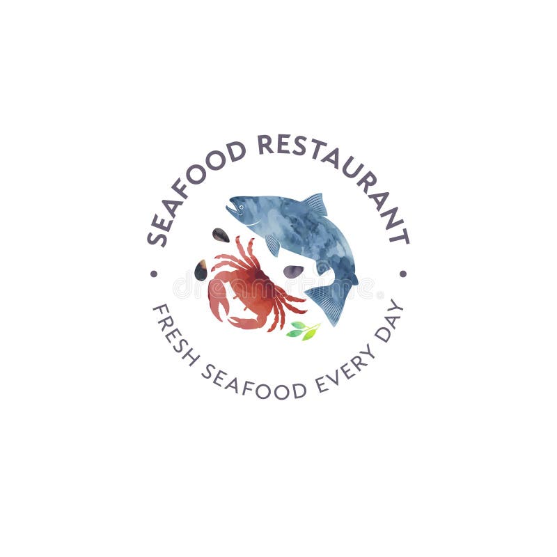 Meeresfrüchterestaurant- und -marktlogo Rote Krabbe, Oberteile, Lachsfischaquarellillustration vektor abbildung Meeresfrüchterestaurant- und -marktlogo Rote Krabbe, Oberteile, Lachsfischaquarellillustration vektor abbildung