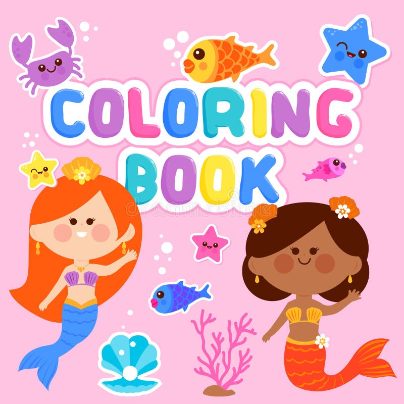 Meerjungfrau-Buchcover für Kinder. Cute mermaid Princess Farbseiten Meer und Ozean Thema mit Fischkrebsen und Seestern stock abbildung