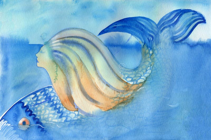 Mermaid and fish diving down abstract watercolor painting. Mermaid diving under the water with fish. Mermaid and fish diving down abstract watercolor painting. Mermaid diving under the water with fish