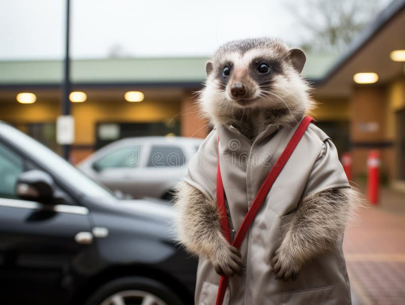 Meerkat valet en aparcamiento. La escena muestra un bullicioso aparcamiento con un carismático meerkat sobre un valet uniforme que asiste diligentemente a un vehículo estacionado. la configuración de la cámara. generado con ai.