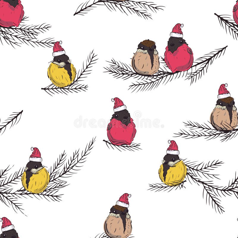 Mees, goudvink Het naadloze patroon van de wintervogels Vogels in Santa Claus-hoed Vogels die op vooravondtak zitten vector illustratie Mees, goudvink Het naadloze patroon van de wintervogels Vogels in Santa Claus-hoed Vogels die op vooravondtak zitten vector illustratie