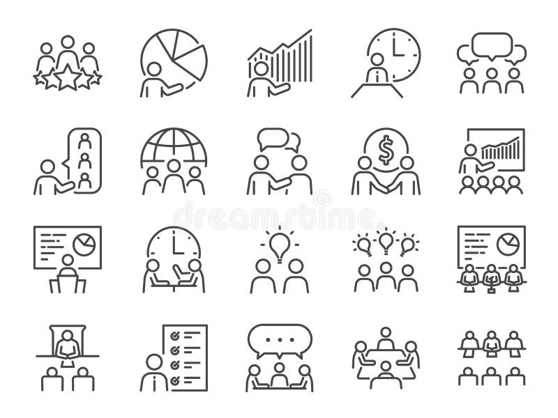 Meeting line icon set. Included icons as meeting room, team, teamwork, presentation, idea, brainstorm and more.