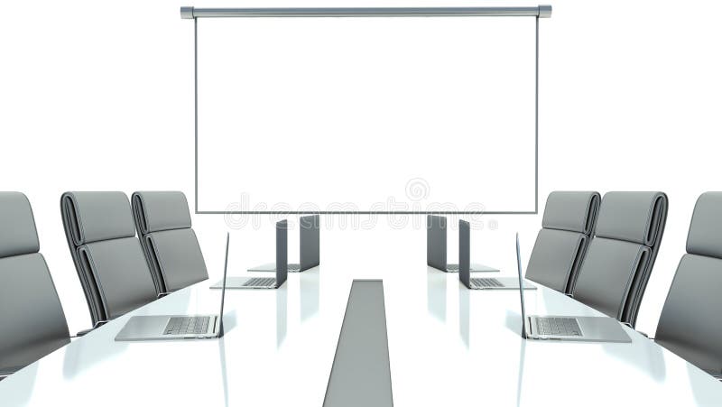 Meeting room with projection screen and conference table stock illustration