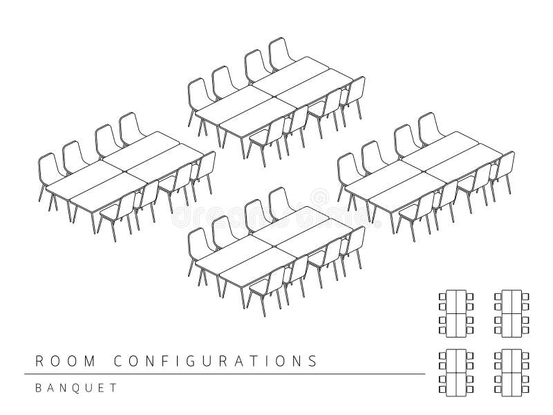 Collocamento distribuzione configurazione banchetto stile, prospettiva  tridimensionale illustrazioni contorno bianco e nero colore.