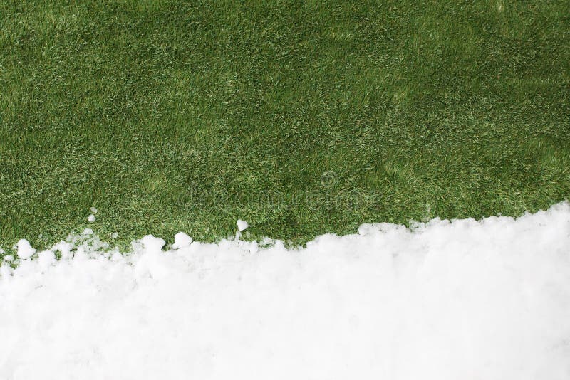 Meeting snow on green grass close up - between winter and spring concept background