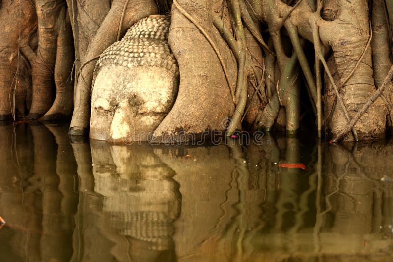 Mega flood at head of sandstone Buddha in Thailand