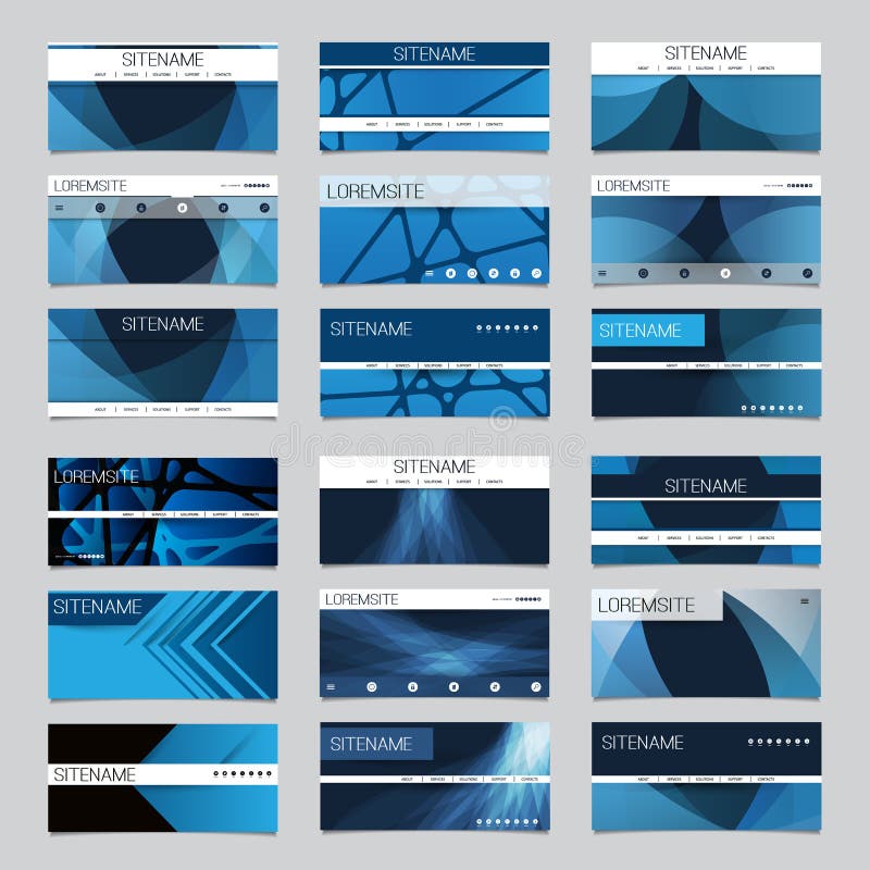Mega Set of 18 Header, Card or Banner Designs with Abstract Blue Minimalist Geometric Pattern Backgrounds royalty free illustration
