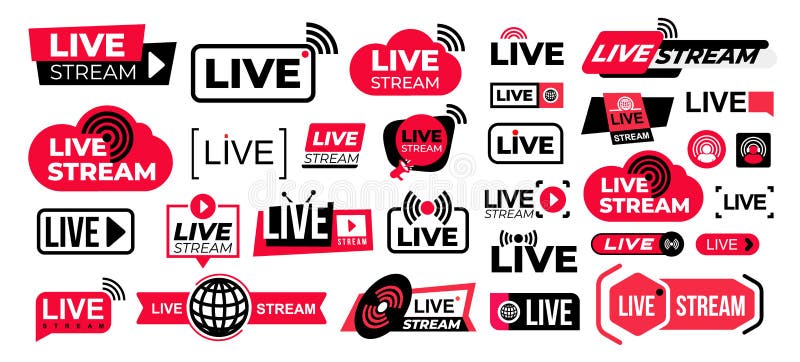 Mega Set of Live Streaming Vector Icons. Red and Black Symbols and Buttons of Live Streaming, Broadcasting, Online Stream Stock Illustration - Illustration of button, banner: