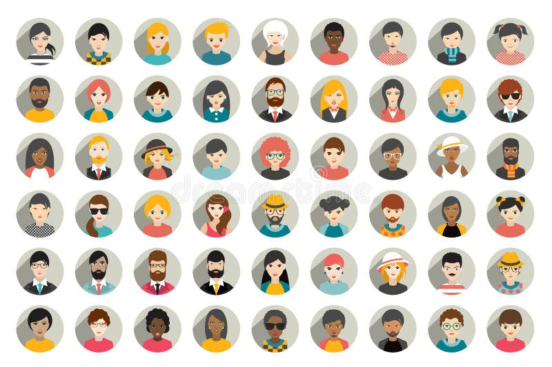 Mega uppsättning av cirkelpersoner, avatars, olik nationalitet för folkhuvud i plan stil Mega uppsättning av cirkelpersoner, avatars, olik nationalitet för folkhuvud i plan stil
