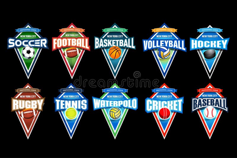 Mega uppsättning av färgrika sportlogoer fotboll, fotboll, basket, volleyboll, hockey, rugby, tennis, waterpolo, syrsa, baseball royaltyfri illustrationer Mega uppsättning av färgrika sportlogoer fotboll, fotboll, basket, volleyboll, hockey, rugby, tennis, waterpolo, syrsa, baseball royaltyfri illustrationer