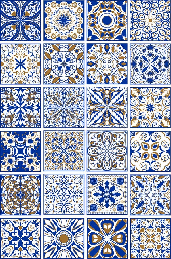 Mega uppsättning av traditionell spanjor eller portugisiska keramiska och för krukmakeri dekorativa tegelplattor vektor illustrationer