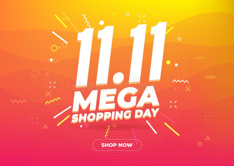 11 11 mega-winkels, verkoopposter of flyer-ontwerp Werelddag van wereldwijde winkelen Verkoop op kleurrijke achtergrond