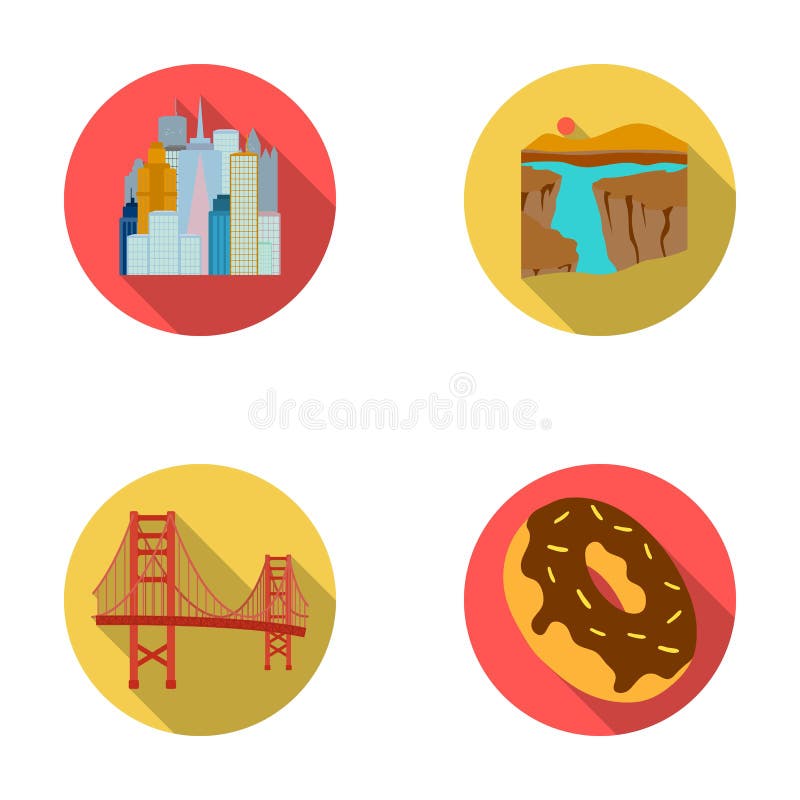 A megacity, a grand canyon, a golden gate bridge,donut with chocolate. The US country set collection icons in flat style