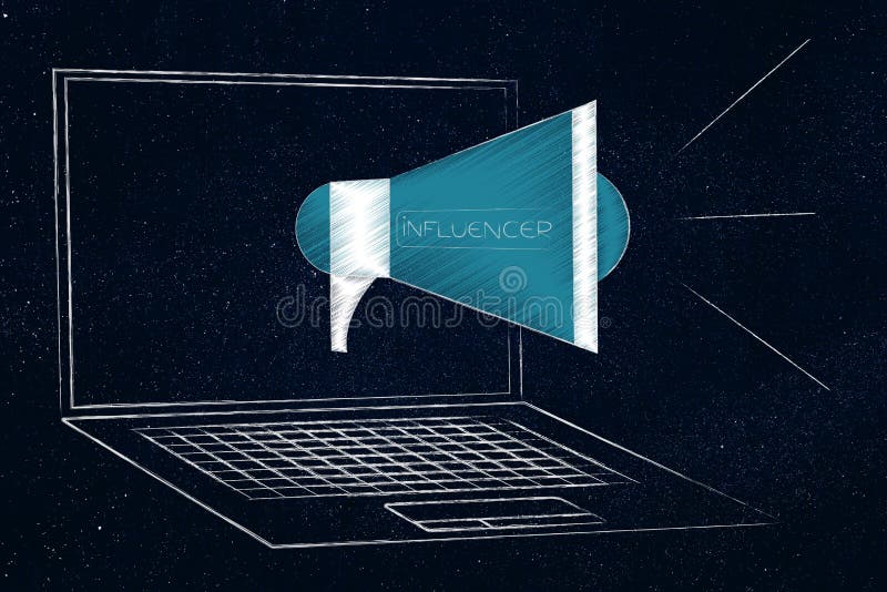 Megafono di Influencer schioccando dallo schermo del computer portatile illustrazione vettoriale