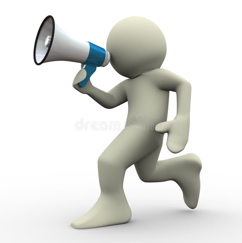 3d render of running man with megaphone. 3d illustration of human character. 3d render of running man with megaphone. 3d illustration of human character