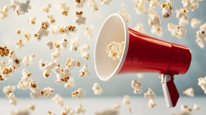 Megaphon umgeben von fliegendem Popcorn kreatives Werbekonzept lizenzfreie stockfotos