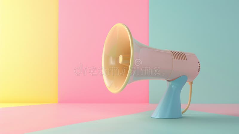 Megaphone in action, stock photo simplicity, minimalist pastel setting , clean sharp focus stock illustration