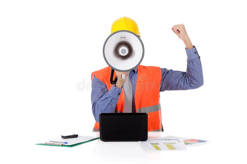 Megaphone face, young caucasian man architect