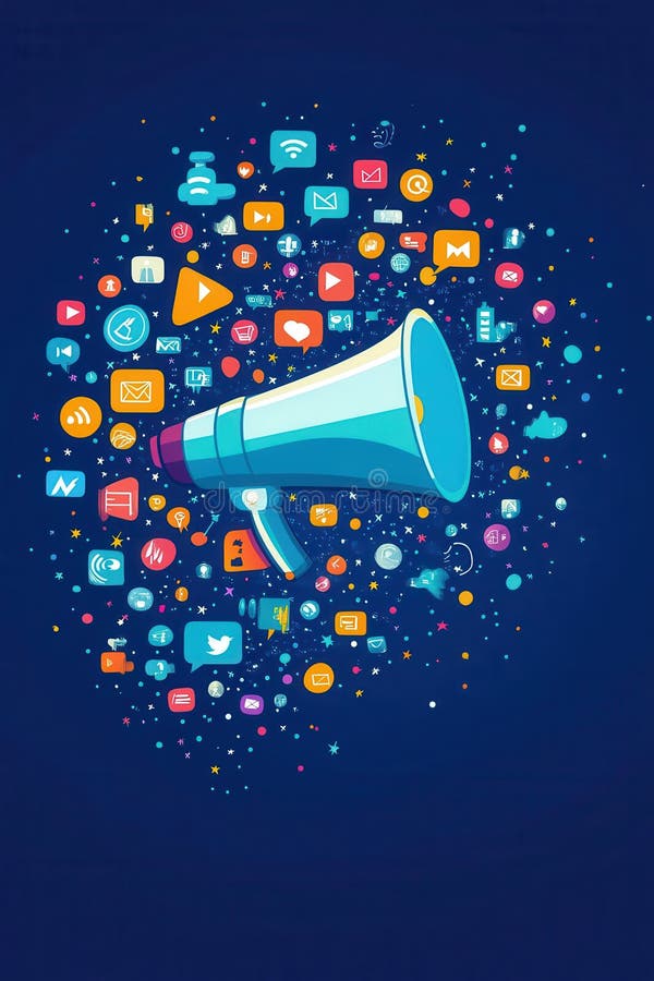 Megaphone umgeben von farbenprächtiger Kommunikation und Mediensymbolen auf blauem Hintergrund lizenzfreies stockbild