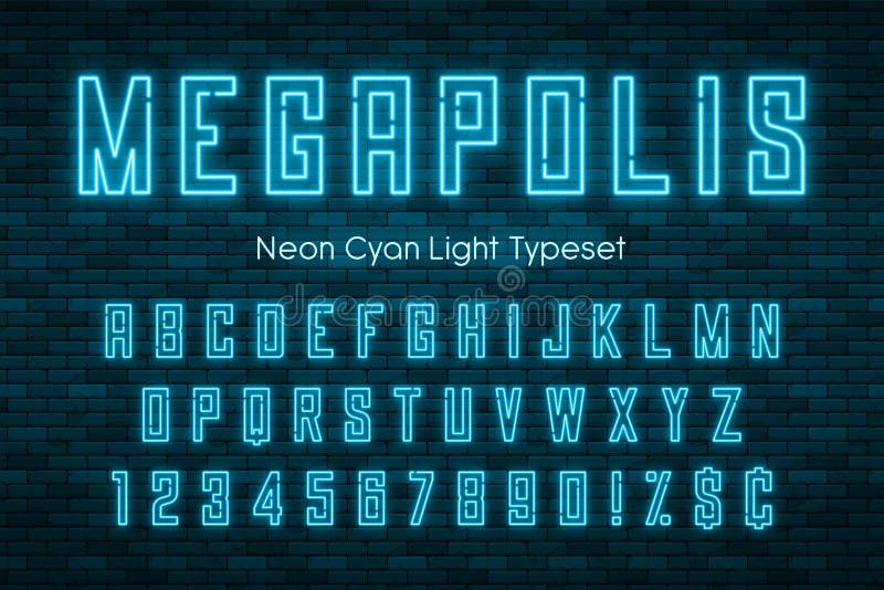 Megapolis neon light alphabet, realistic extra glowing font