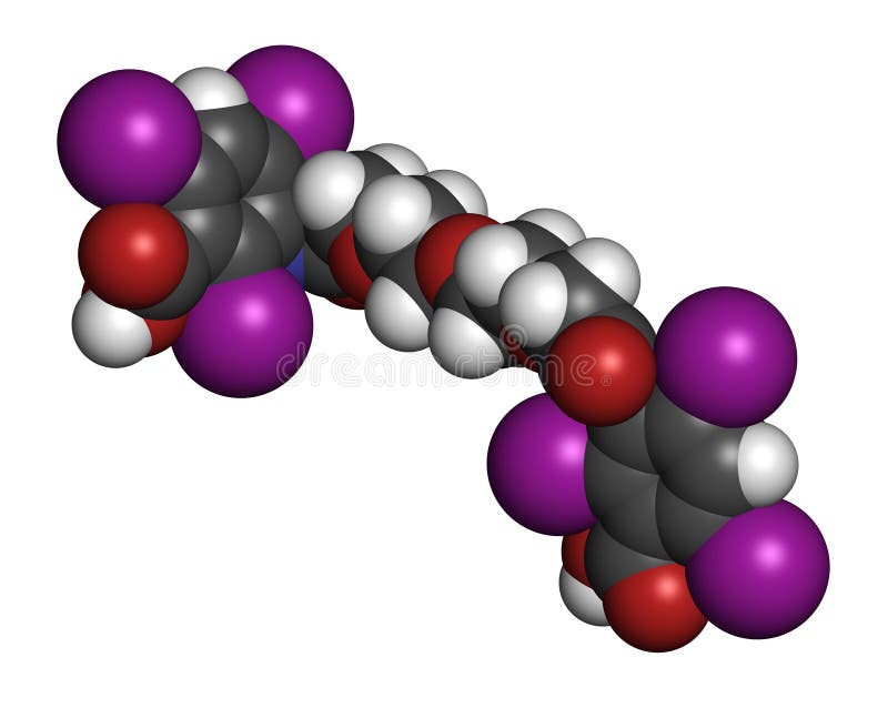 Meglumine iotroxate (iotroxic acid) contrast agent molecule. Atoms are represented as spheres with conventional color coding: hydrogen (white), carbon (grey), oxygen (red), nitrogen (blue), iodine (purple. Oxygen molecule blue illustrations