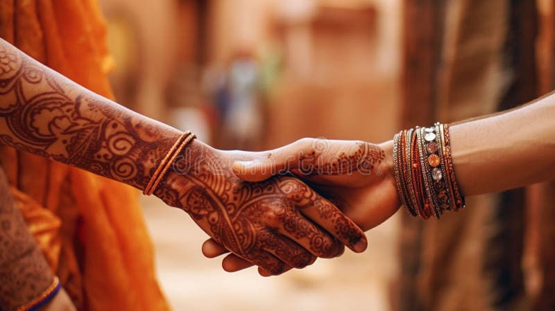 Mehndi o henna adornado brazo y mano de un joven indio adulto durante la ceremonia de matrimonio ai generativo stock de ilustración