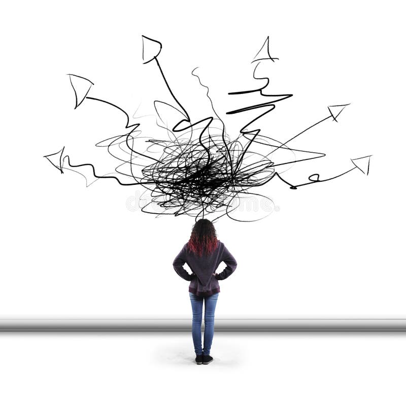 Woman in front of drawn wall with arrows leading to different directions. The concept of variety of choices. Woman in front of drawn wall with arrows leading to different directions. The concept of variety of choices