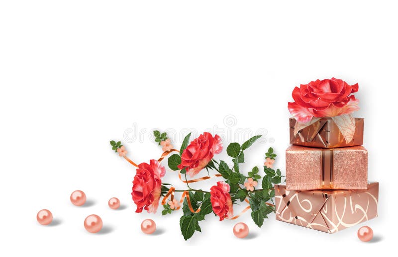 Mehrfache valuesHoliday Karte mit Geschenkboxen, Perlen und Blumenstrauß von schönen roten Rosen auf weißem lokalisiertem Hinterg stockbild Mehrfache valuesHoliday Karte mit Geschenkboxen, Perlen und Blumenstrauß von schönen roten Rosen auf weißem lokalisiertem Hinterg stockbild