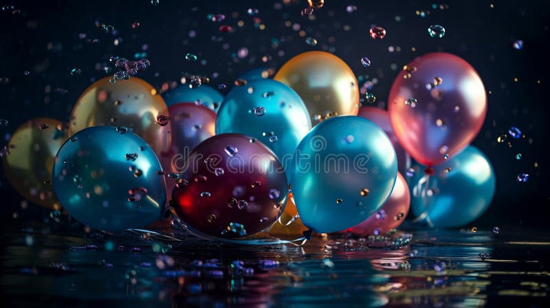 Mehrfarbige Luftballons zum Geburtstag. generative Hilfe. Mehrfarbige Luftballons für einen Geburtstagsurlaub auf dem Wasser.