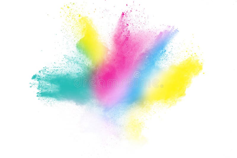 Multicolored powder explosion isolated on white background. Color dust splashing. Multicolored powder explosion isolated on white background. Color dust splashing.