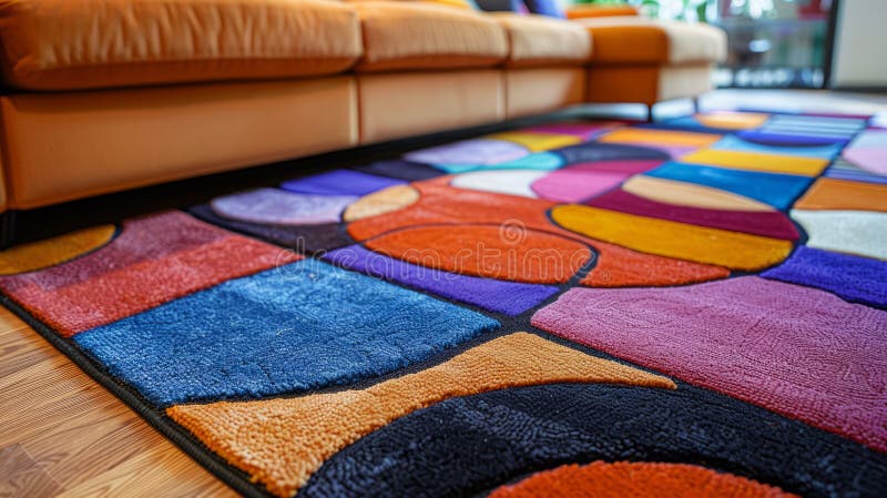 Mehrfarbiger geometrischer Teppich in einem modernen Wohnzimmer mit orangefarbenem Sofa. stockfotos