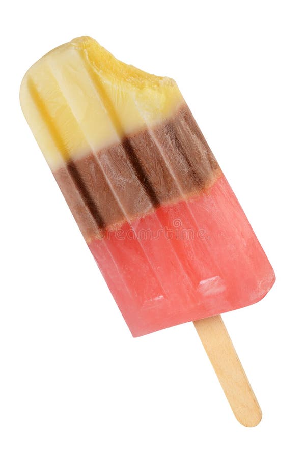 Bitten multicolored ice pop or popsicle isolated on white background with clipping path. Bitten multicolored ice pop or popsicle isolated on white background with clipping path