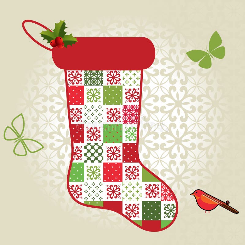 Christmas Stocking with patchwork pattern holly butterflies and bird - full background pattern in vector format. Christmas Stocking with patchwork pattern holly butterflies and bird - full background pattern in vector format