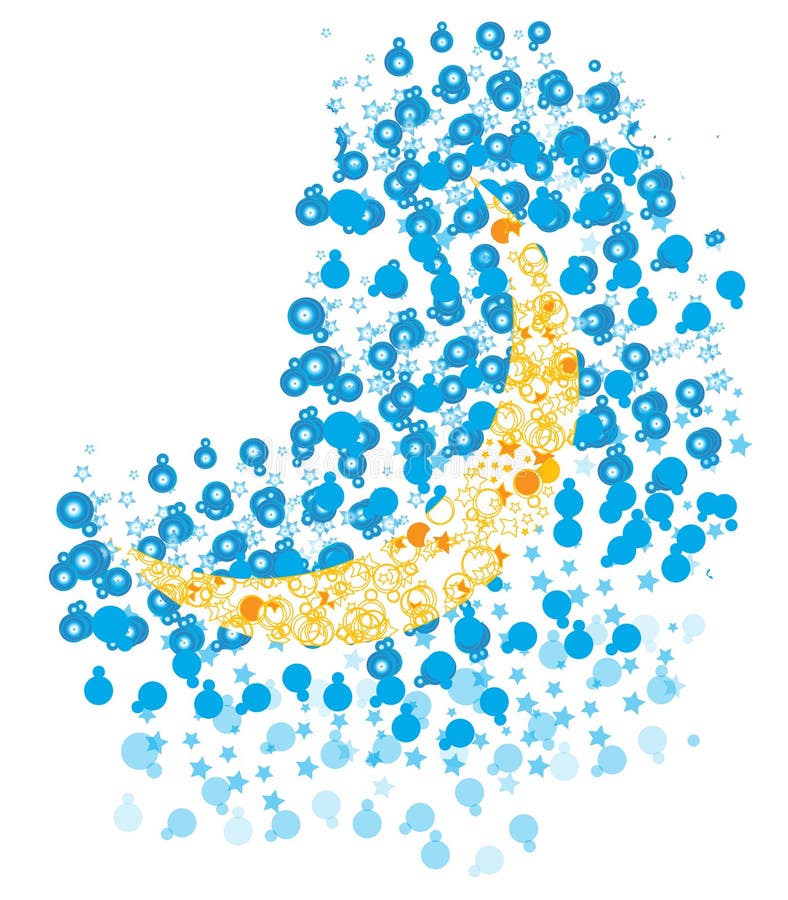 Meia lua com bolhas azuis e estrelas ilustração stock