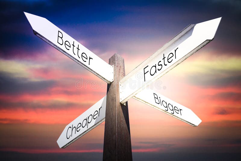 Better, faster, cheaper, bigger concept - signpost with four arrows, sky in background. Better, faster, cheaper, bigger concept - signpost with four arrows, sky in background.