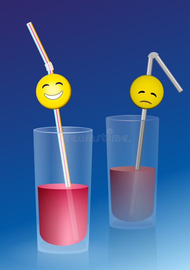 Half full glass with a happy smiley on a straw, and a half empty glass with a sad smiley, a metaphor for positive and negative thinking. Vector illustration on blue gradient background. Half full glass with a happy smiley on a straw, and a half empty glass with a sad smiley, a metaphor for positive and negative thinking. Vector illustration on blue gradient background.